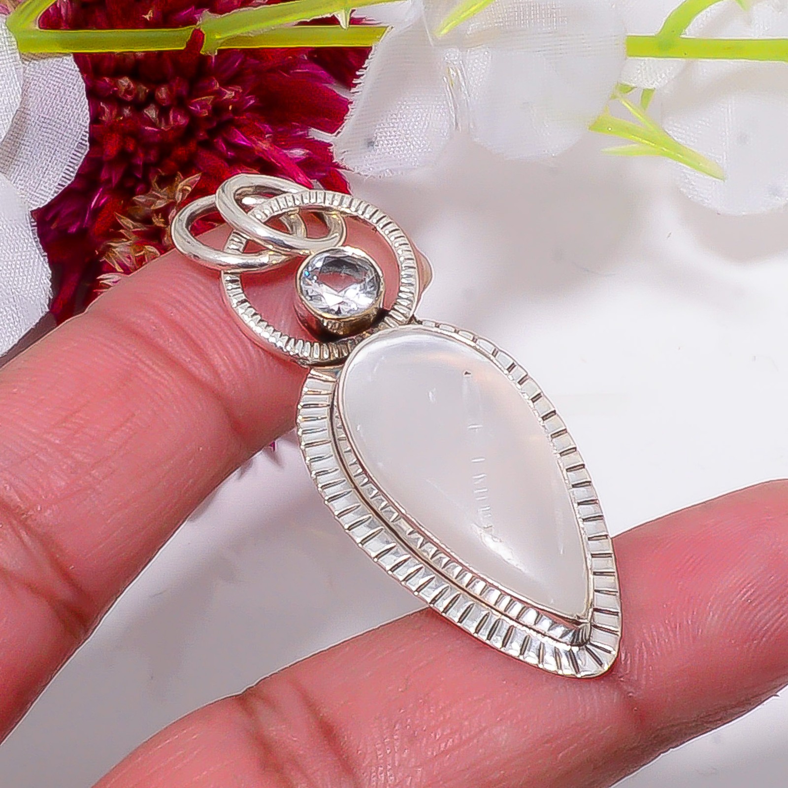 Divine Light Selenite, White Topaz 925 Sterling Silver Pendant 2.15″ sku53