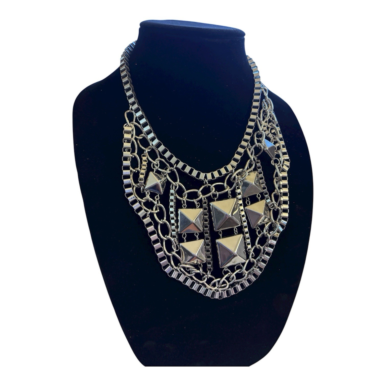Bib Necklace Silver Tone Multi Chains Punk Gothic Draping Large Geometric Studs