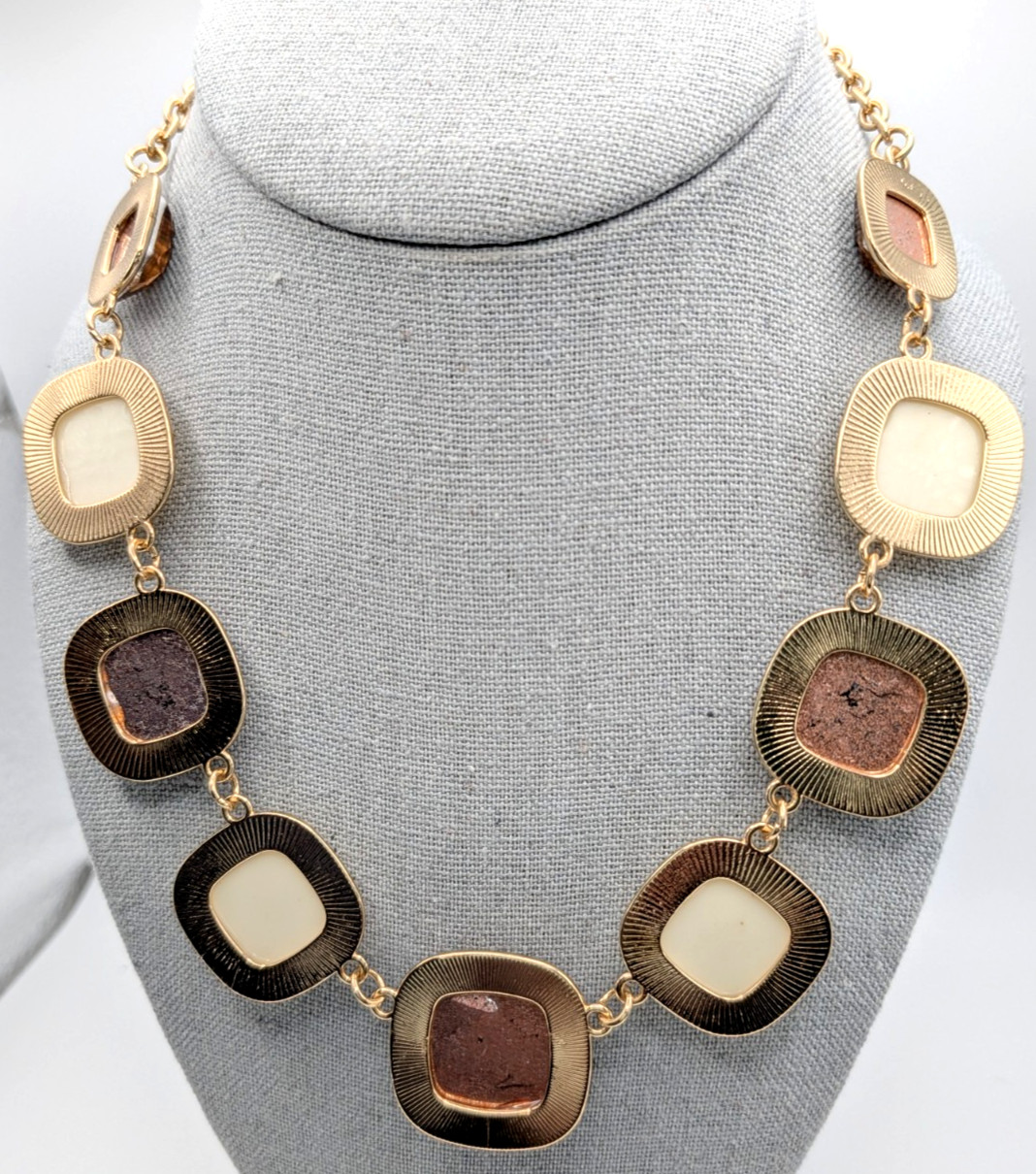 Gold Tone Statement Necklace with Brown & Cream Faceted Square Stones Adjustable