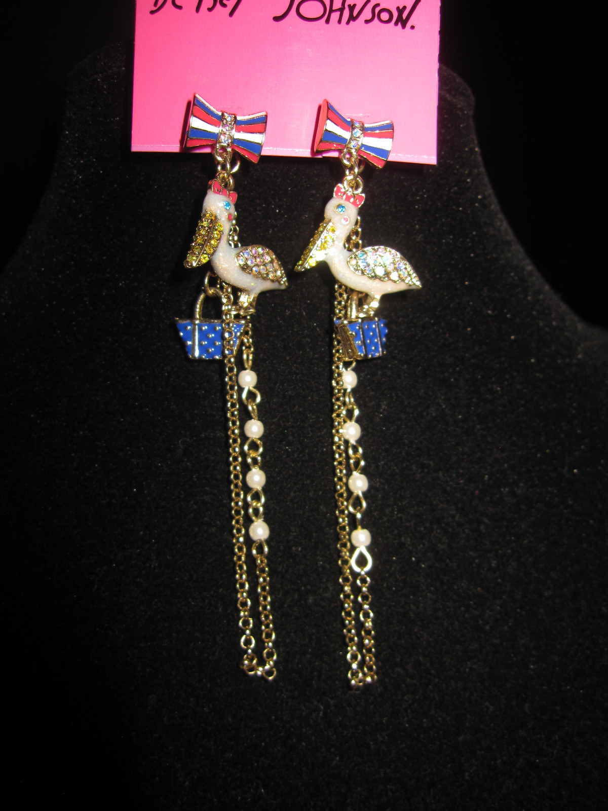 BETSEY JOHNSON IVY PELICAN PURSE BOW DANGLE EARRINGS
