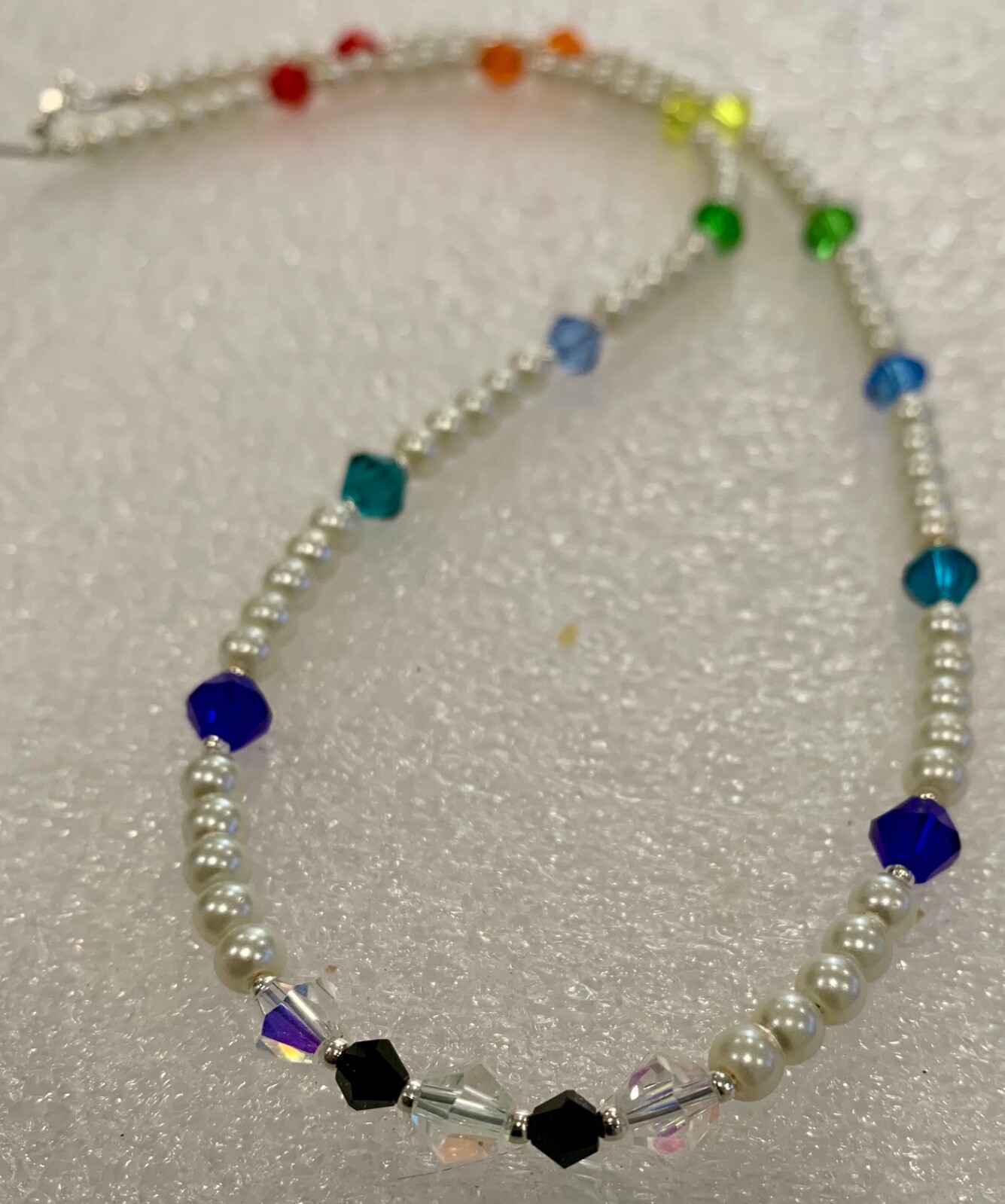 18″ White Glass Pearl and Rainbow Bicone Crystal Necklace