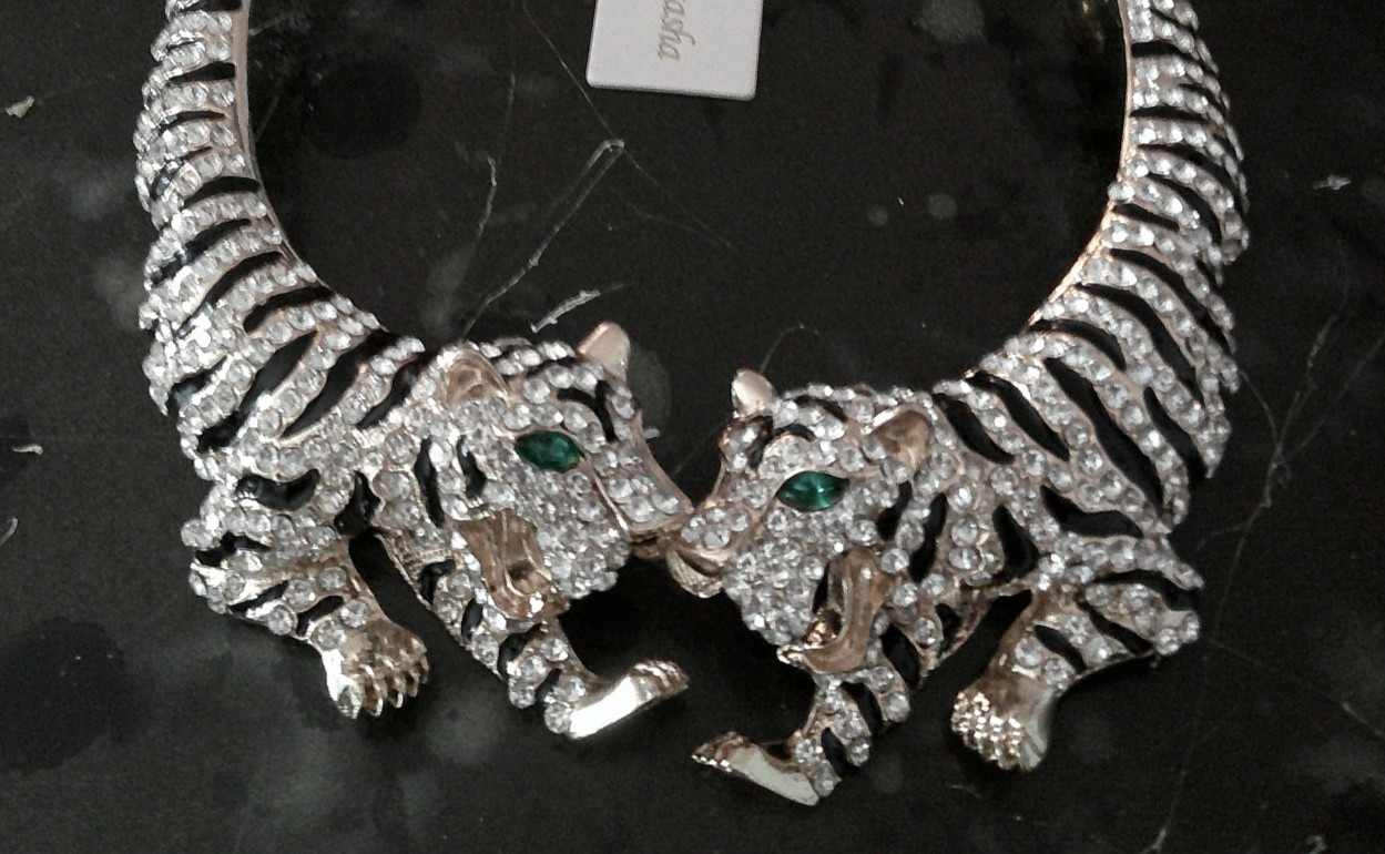 NATASHA Gold Tiger Statement Necklace White Sequins & Green Rhinetone Eyes