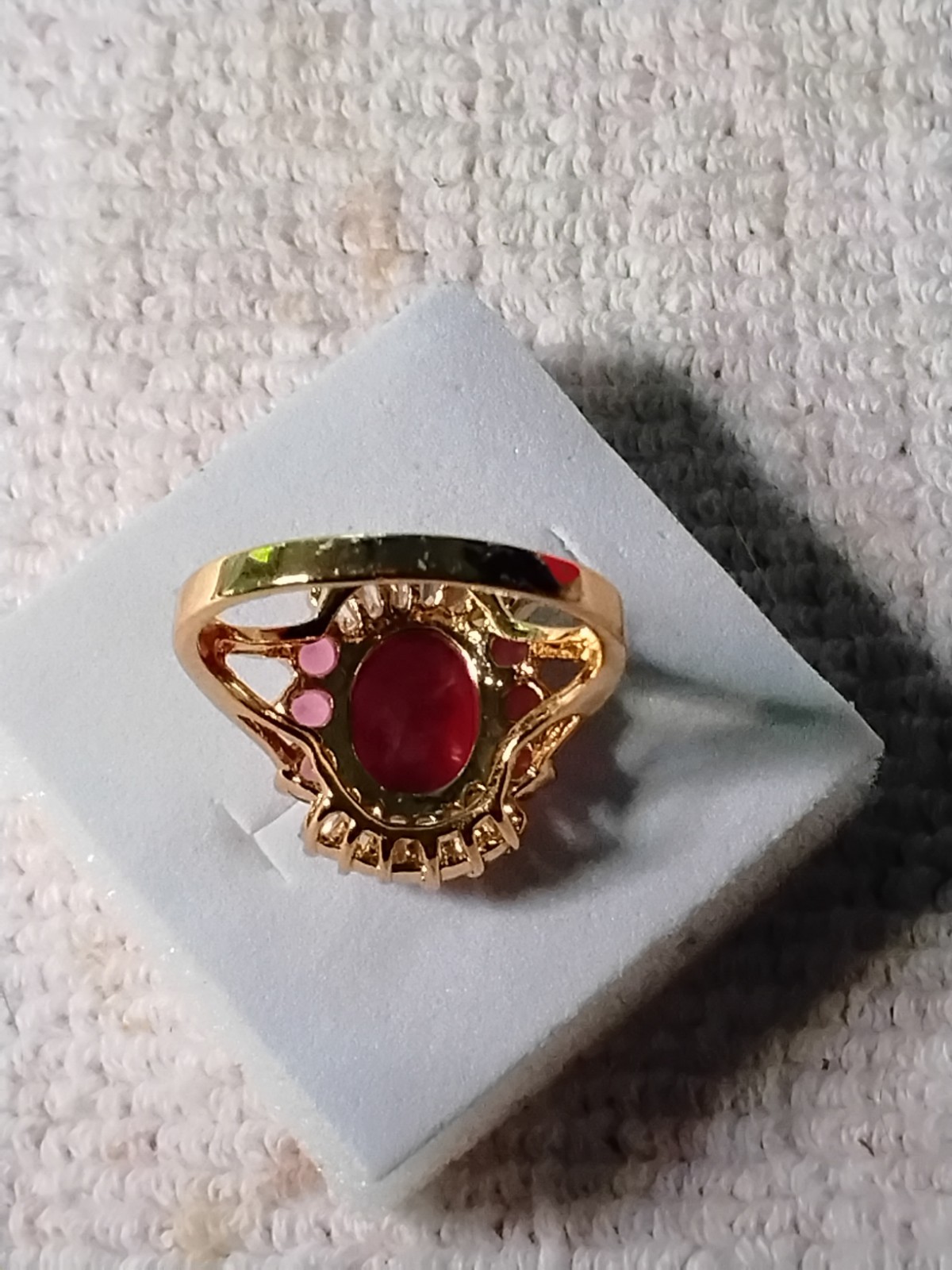 Ruby Red CZ Cluster Ring. Set In 18kt Yellow Gold Plated Mounting. Size 8