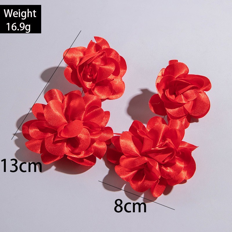 Red Flower Fabric Bold Dangling Earrings for Women – Elegant Statement Jewelry