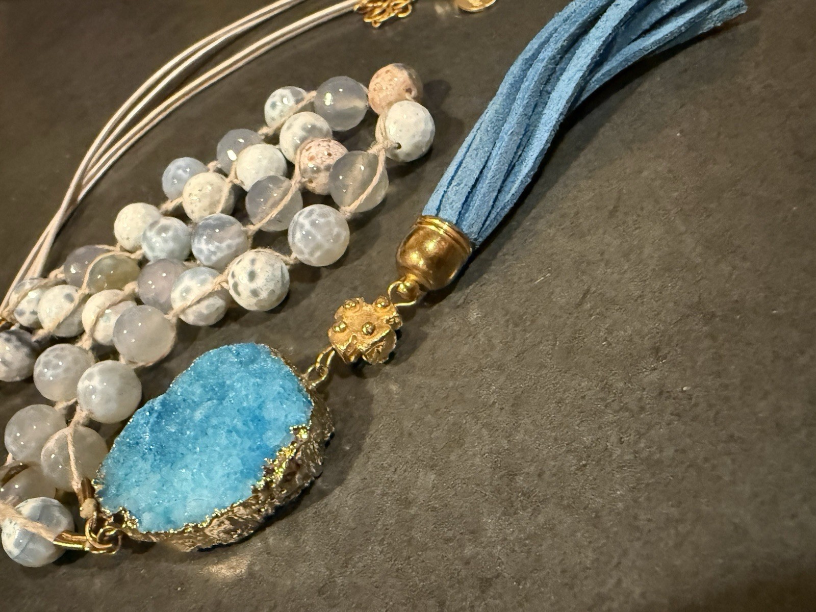 Susan Shaw Druzy Stone Tassel Necklace Blue Stone 33 To 35 In Adj