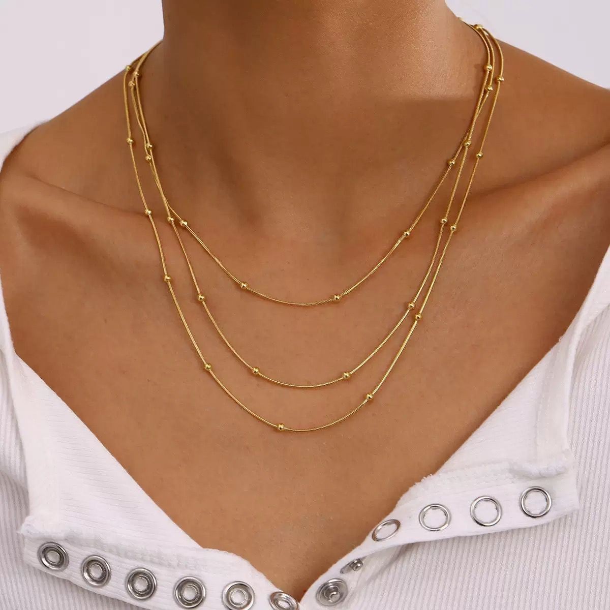 Woman 18K Gold Plated 3 Layers Beaded Snake Chain Necklace Anti-tarnish