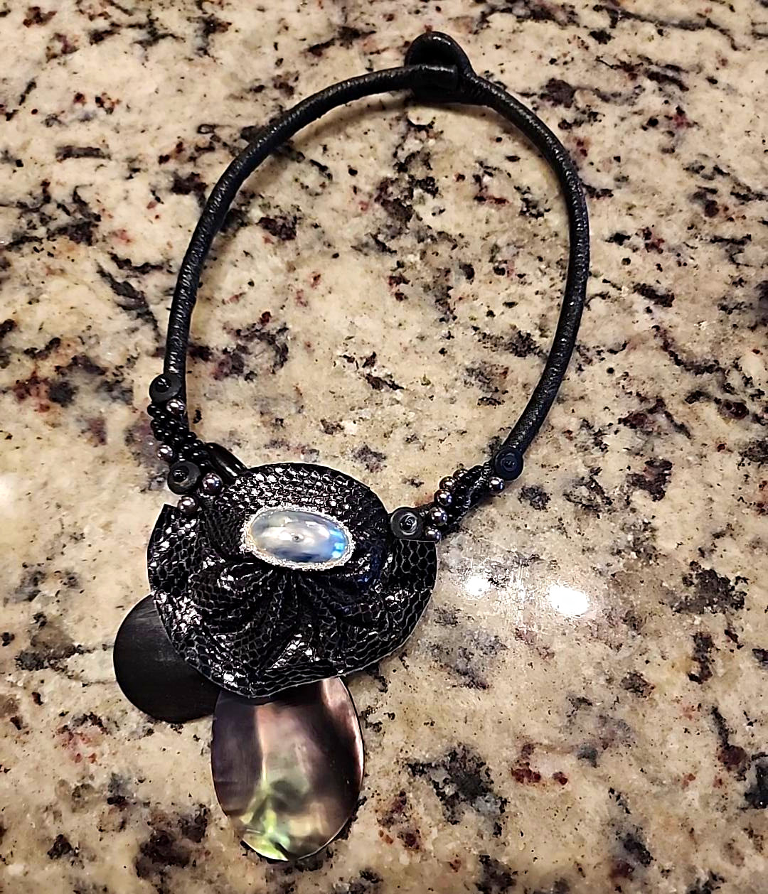 Artisan Black Leather Statement Necklace Iridescent Shell Pendant Boho