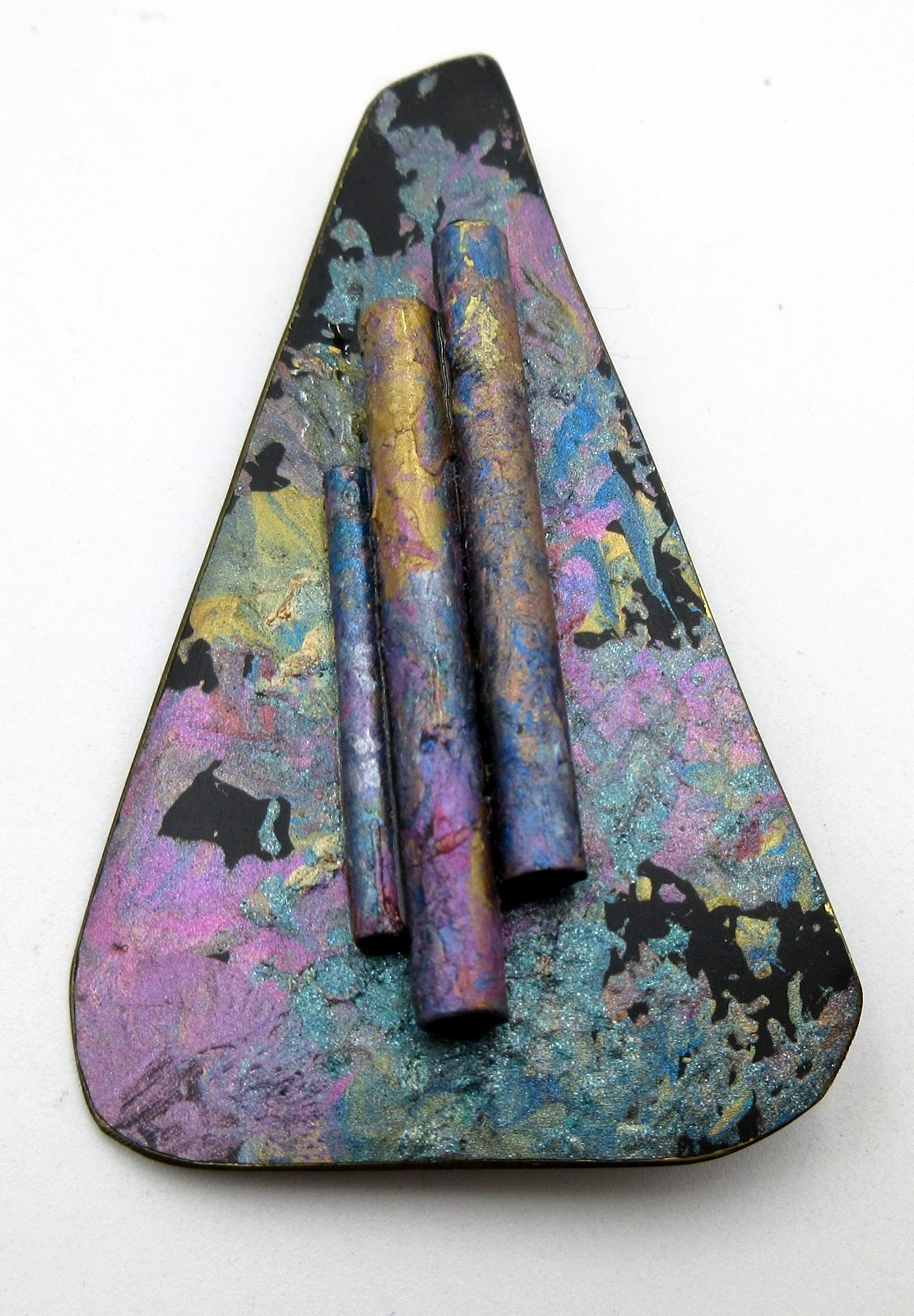 2.5″ Unusual geometric big large thin metal brooch black blue purple gold tone