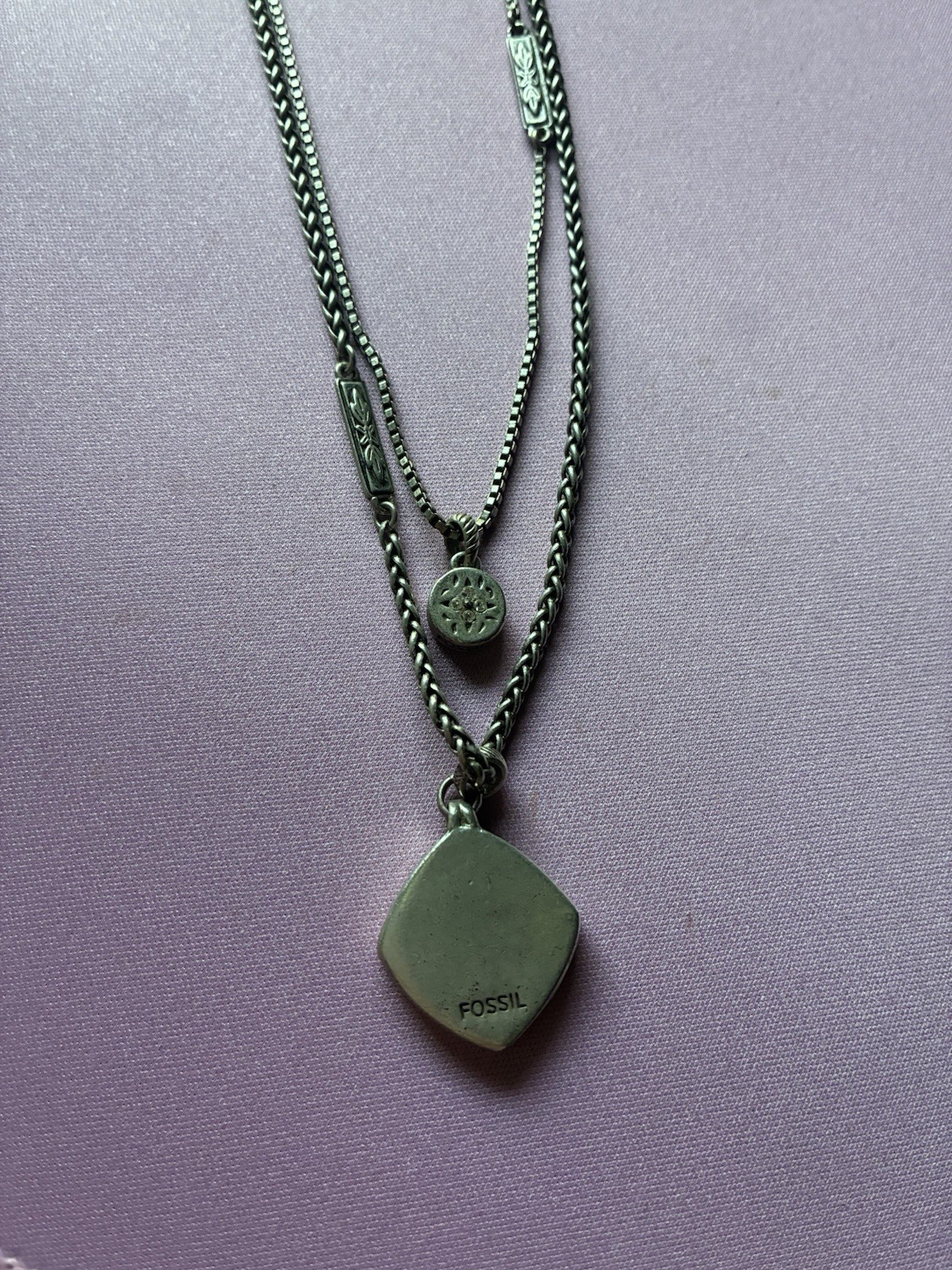 Fossil Silver-Tone Double Strand Layered Chain Necklace Asym Charm Signed