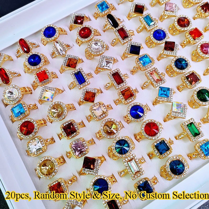 20 Pcs Lot Fashion KC Gold Crystal Ring Mixed Colorful Gemstone Jewelry