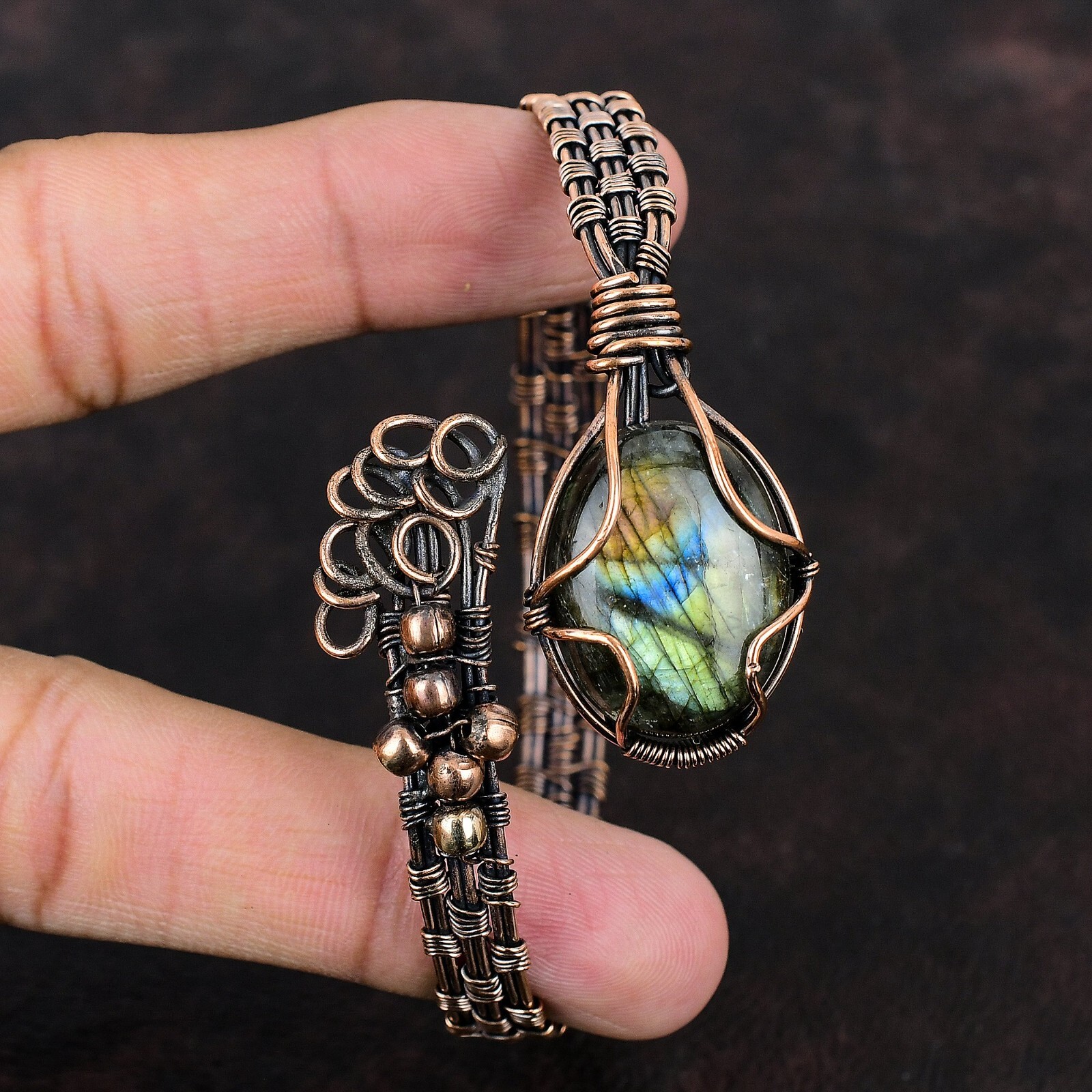 Labradorite Copper Gift For Bridesmaid Wire Wrapped Adjustable Bangle