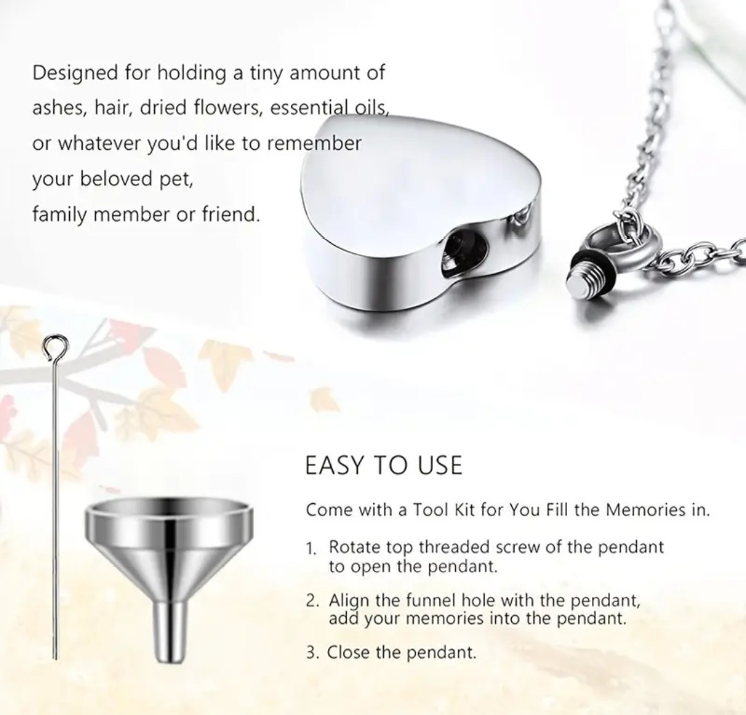 Cremation Jewelry Cylinder Urn Heart Necklace Pendant for Ashes Stainless Steel