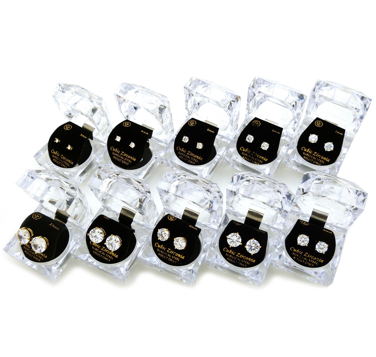 Unisex 3mm – 12mm Round Cubic Zirconia Pierced Surgical Steel Stud Earring