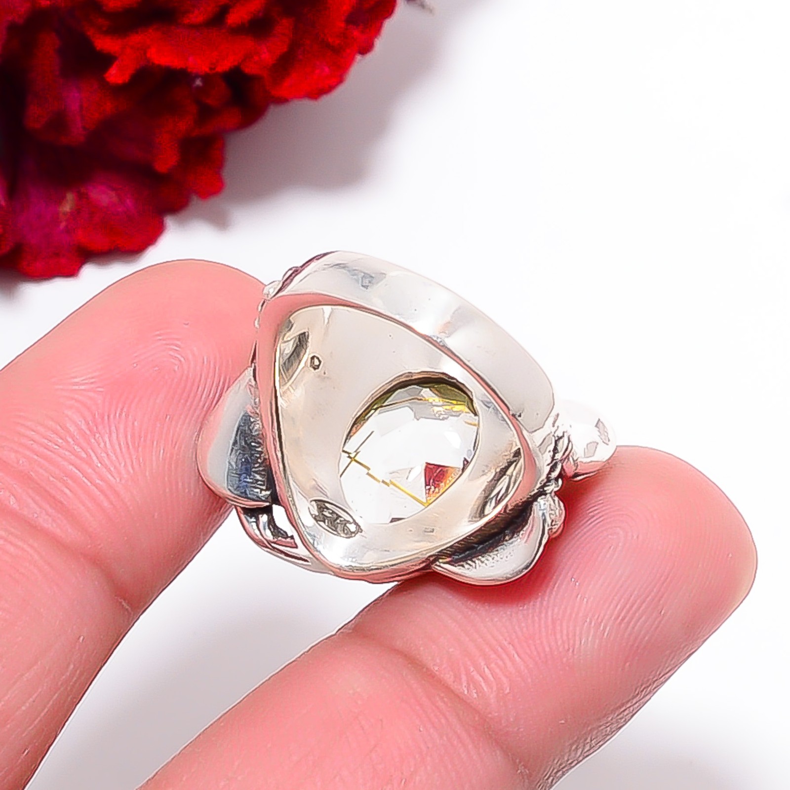 Golden Rutilated Quartz Handmade Oxidised 925 Sterling Silver Ring S.6 R97923