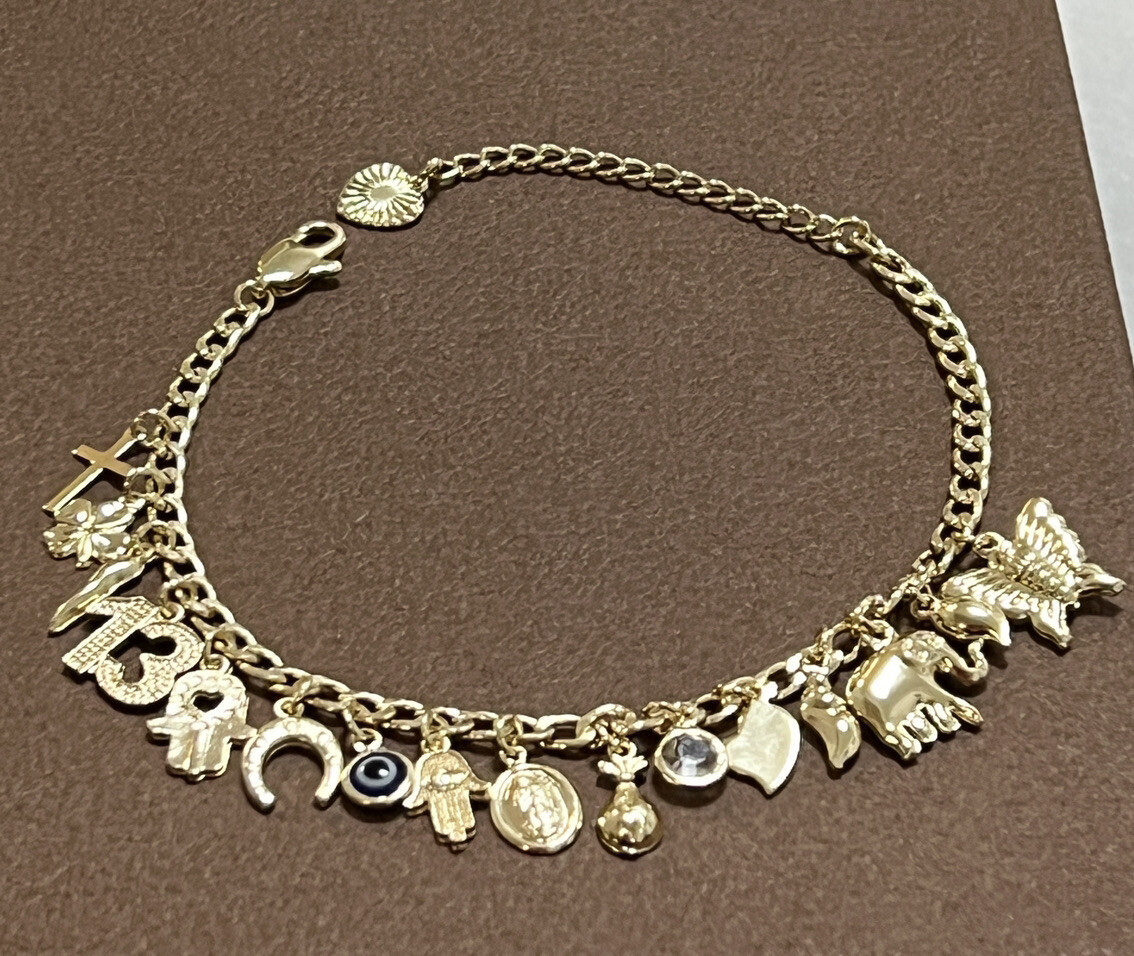 Lucky Charm Bracelet 7” Adjustable, Gold Filled Italian Horn,Butterfly,Elephant
