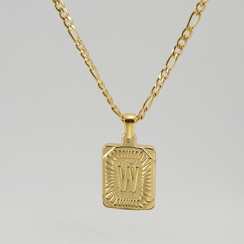 18″ Gold Plated Initial Letter Pendant Necklace Stainless Steel Figaro Chain