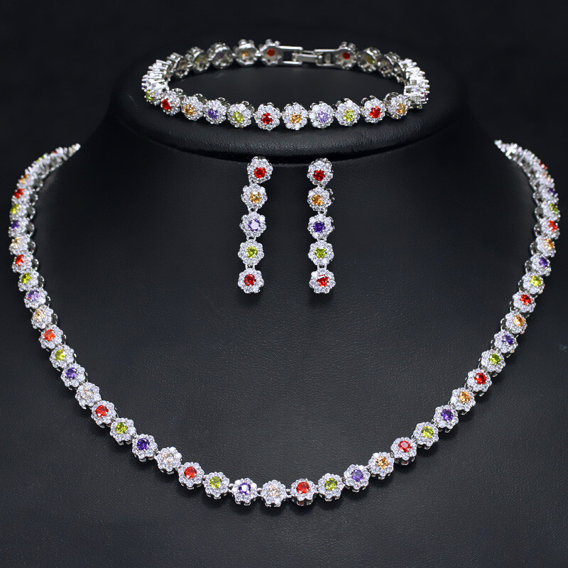 CWWZircons 3Pcs Green Crystal Bracelet Necklace Earrings Wedding CZ Jewelry Set