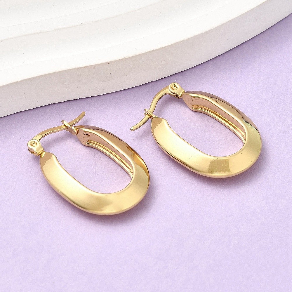 Hoop Earrings Stainless Steel Gold Oval 0.96 in E116