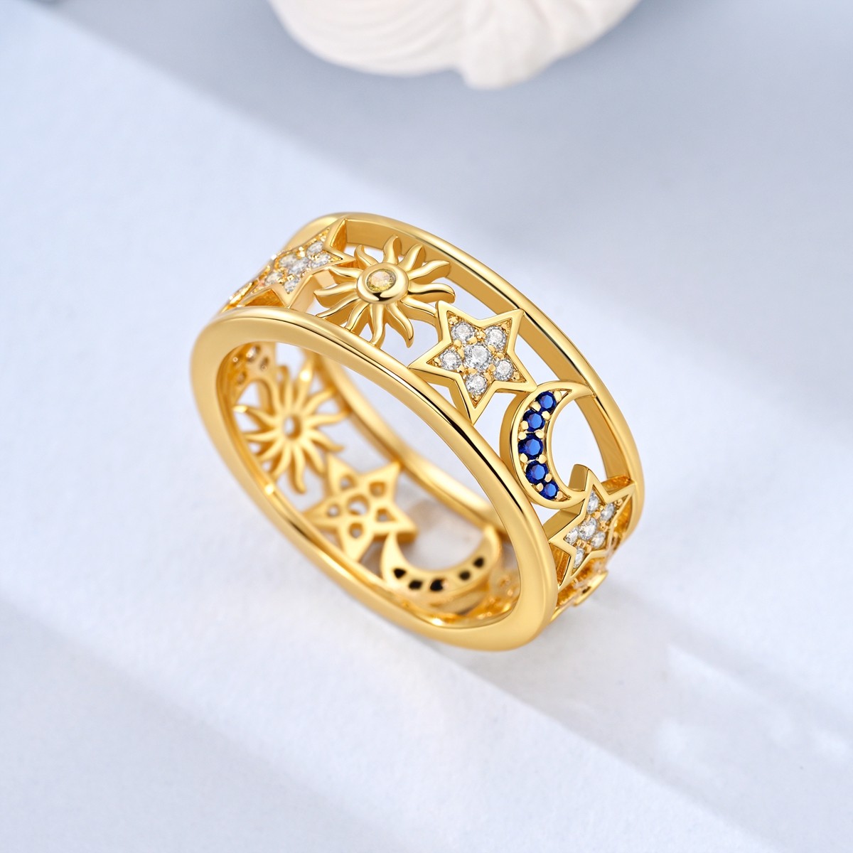 LAZA 925 Sterling Silver Sun Moon Star Hollow Finger Ring Blue CZ Women Jewelry
