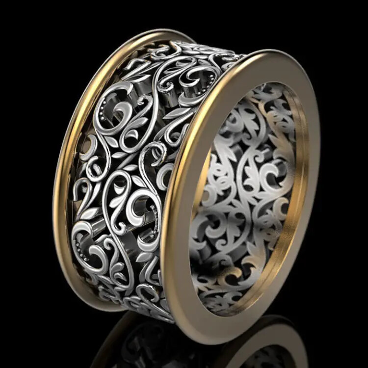 Wide Silver and Gold Filigree Band Ring / Sizes 6 – 10