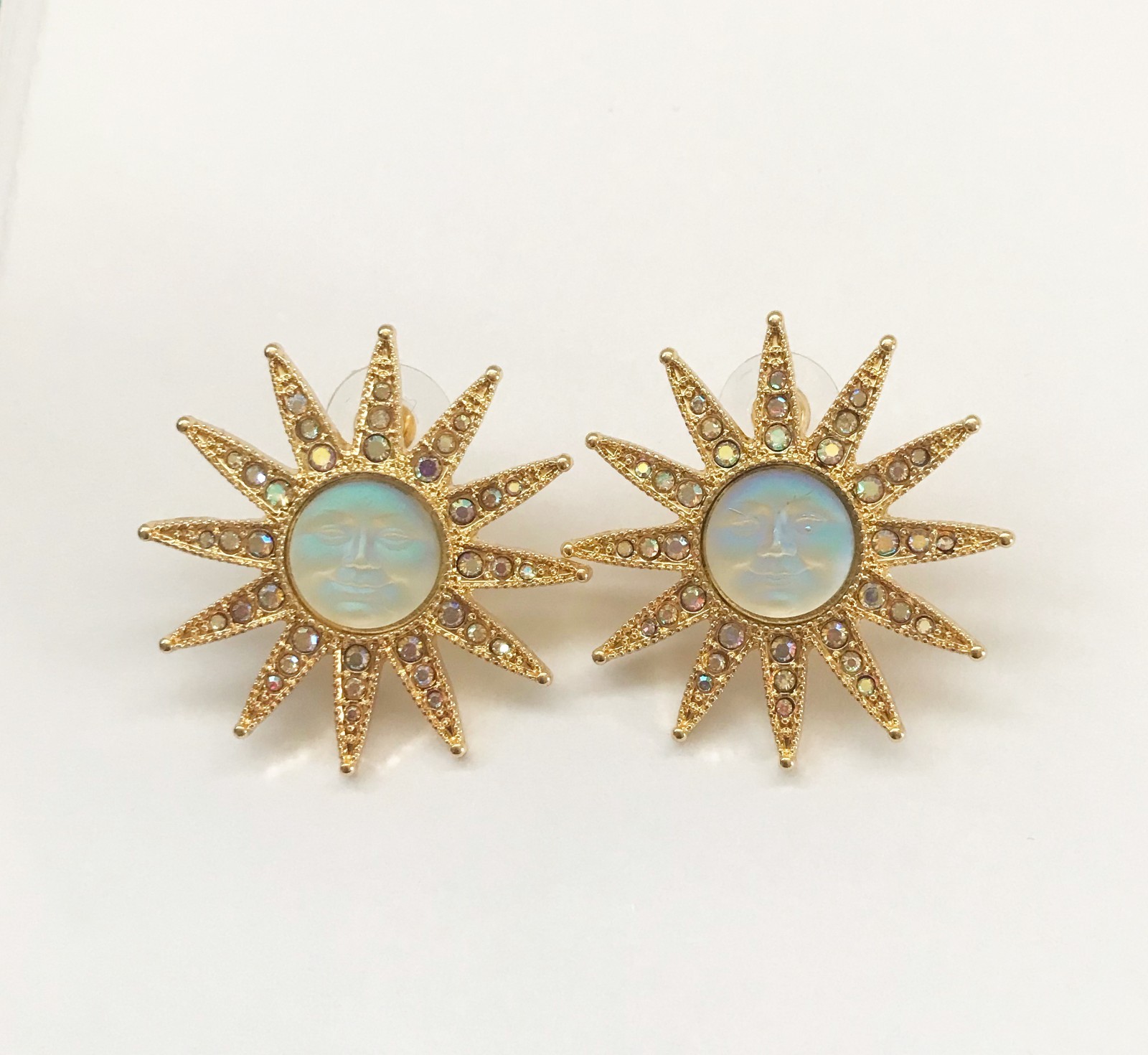 Kirks Folly Gold Tone Moon Face Cameo Star Sun Stud Earrings