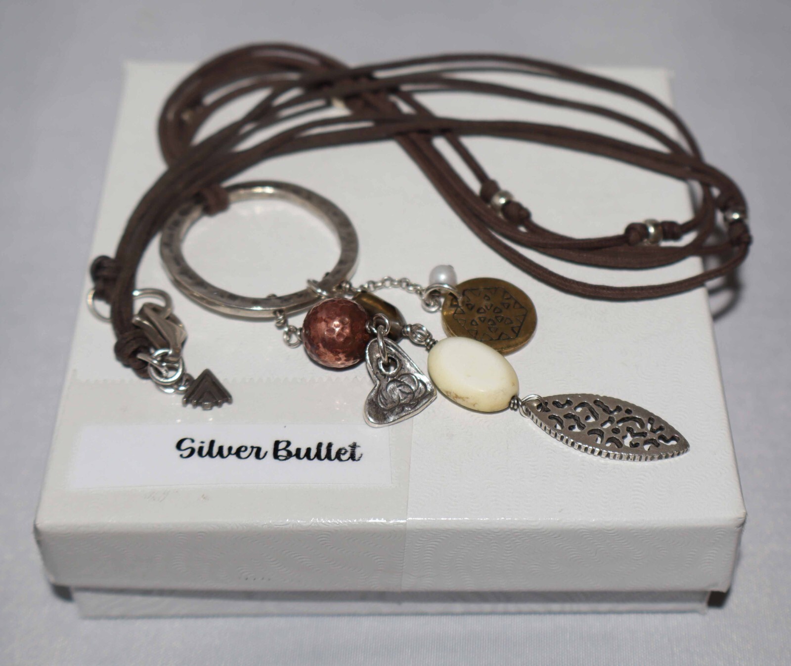 Silpada Sterling Silver Howlite, Pearl, Leaf, Heart Charm Leather Necklace n1568