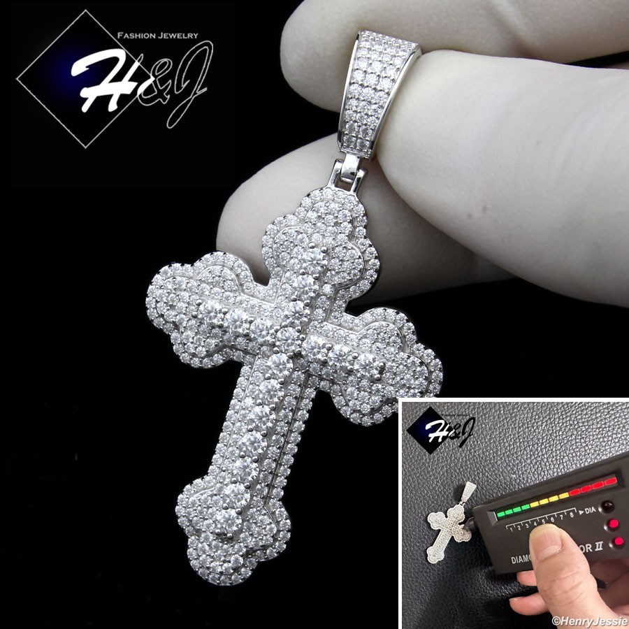 MEN SOLID 925 STERLING SILVER ICY BLING MOISSANITE 3D LAYERED CROSS PENDANT*M570