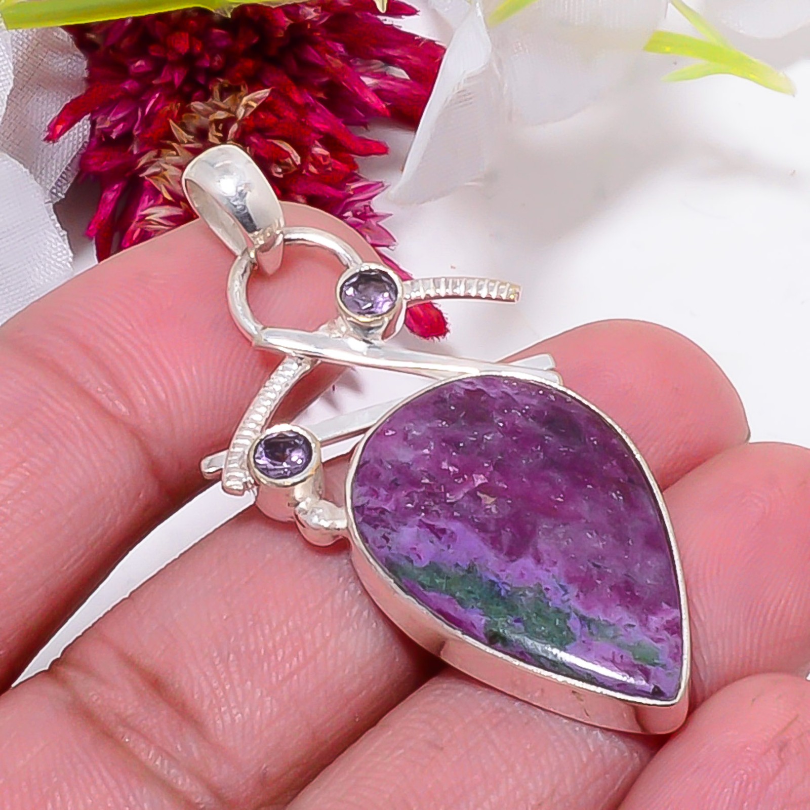 Natural Ruby With Zoisite & Purple Amethyst 925 Sterling Silver Pendant 2.03″ S4