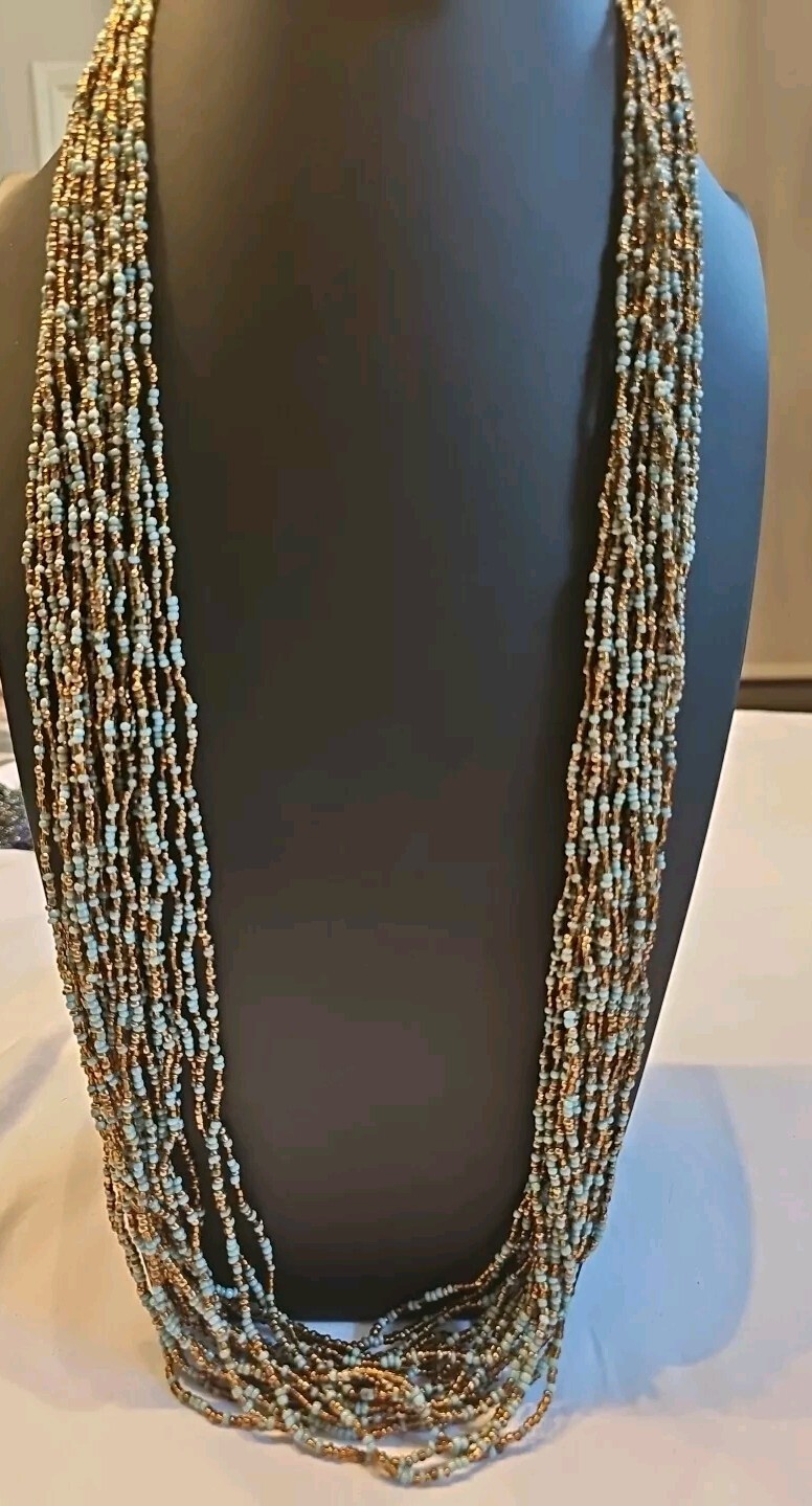 Turquoise Necklace with Gold Multi-layers Handmade 19 In From Bali