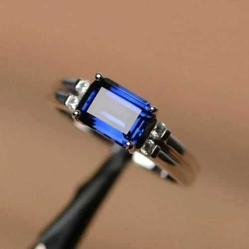 1.75Ct Emerald Cut Blue Sapphire Engagement Band Ring 14k White Gold Plated