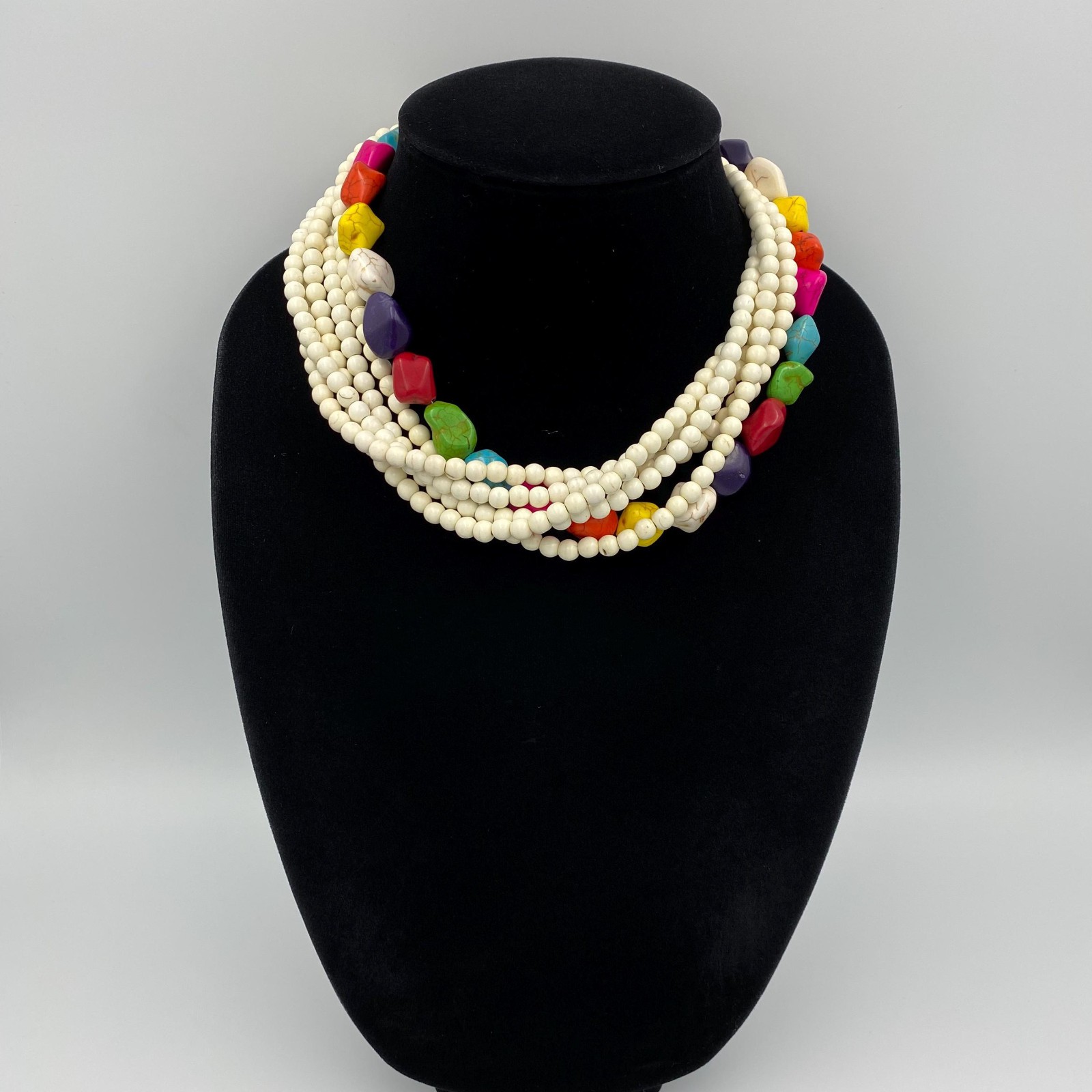 Ivory Turquoise Necklace, Chunky Bold Multi Strand Beaded Statement Jewelry