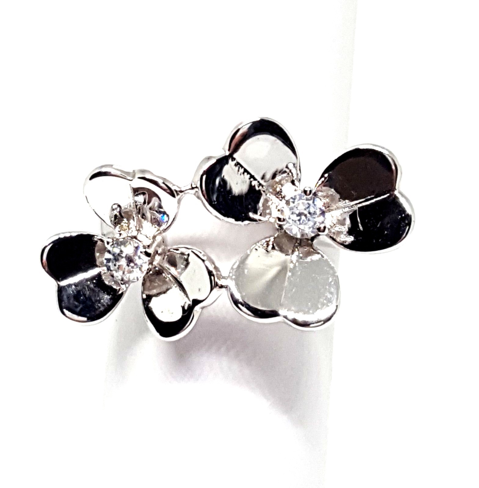 (SIZE 6,7,8) Reflective DOUBLE FLOWERS RING w/ CZ Stones .925 STERLING SILVER