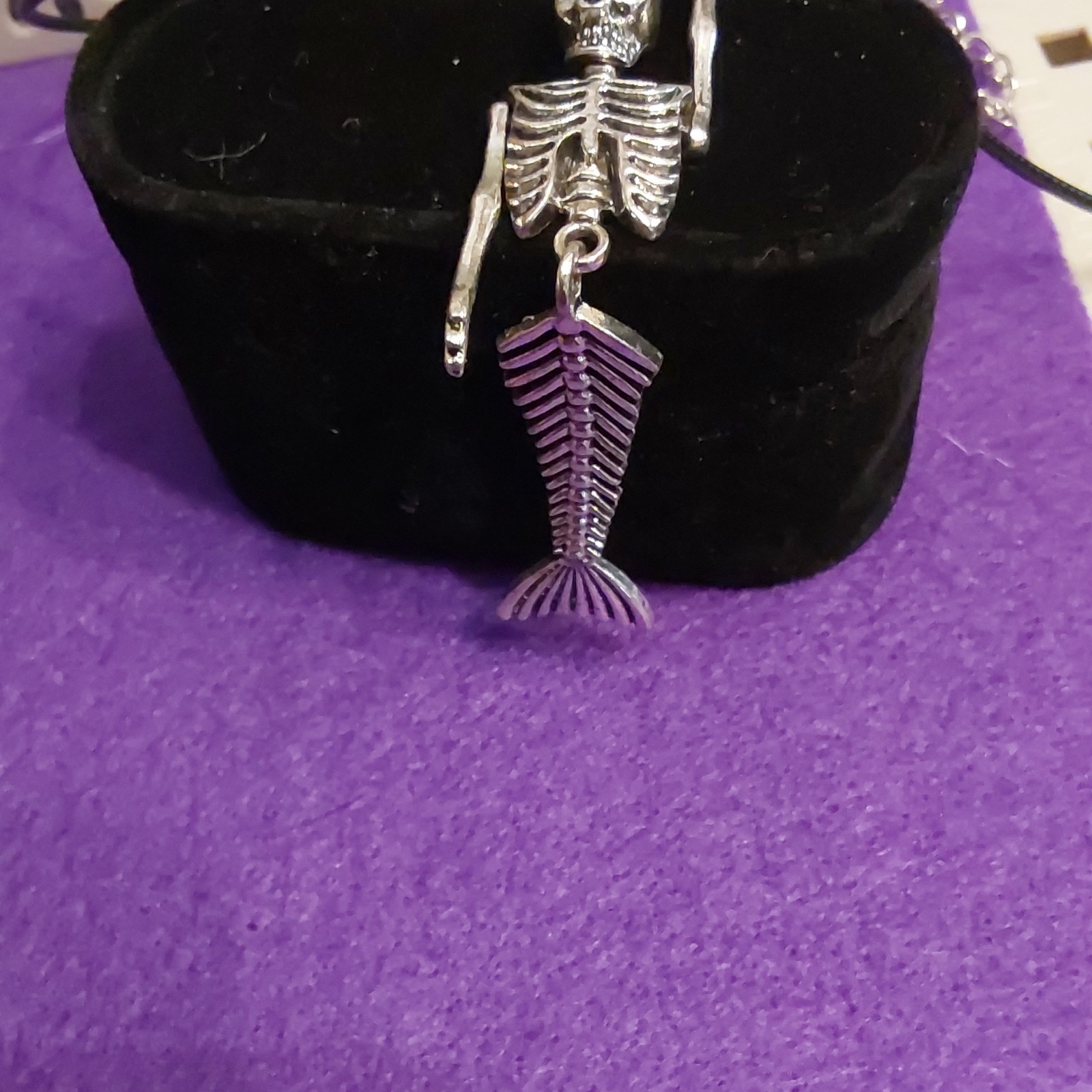 Silver Tone Skeleton Mermaid Charm Pendant Necklace Black Cord Gothic No Stone