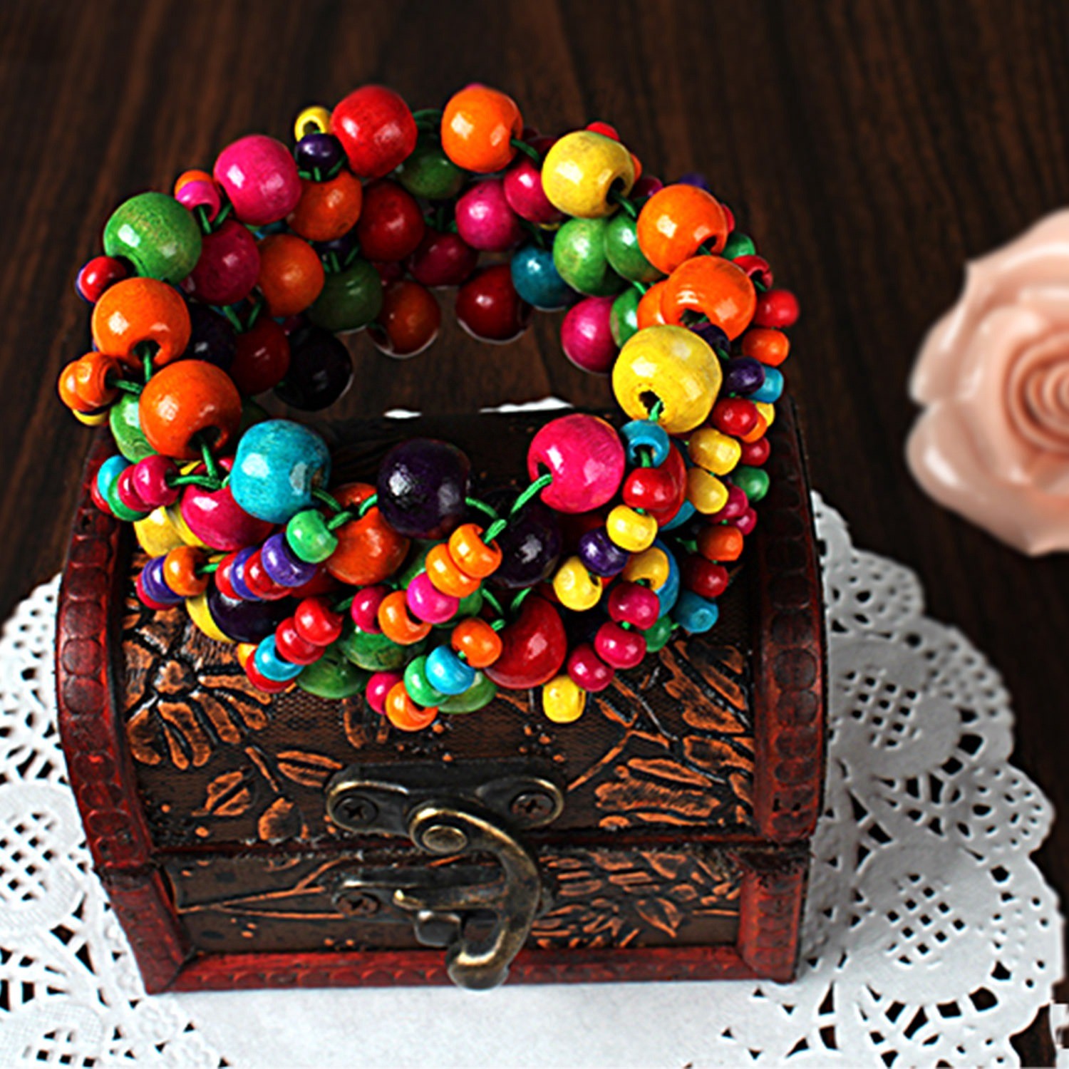 Multicolor Wood Beaded Stretch Bracelet – Colorful Boho Elastic Jewelry for Wome
