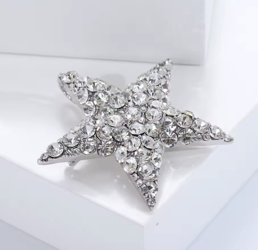 CLEAR CRYSTAL RHINESTONE SILVER STAR PIN BROOCH PENDANT~CHRISTMAS HOLIDAY GIFT