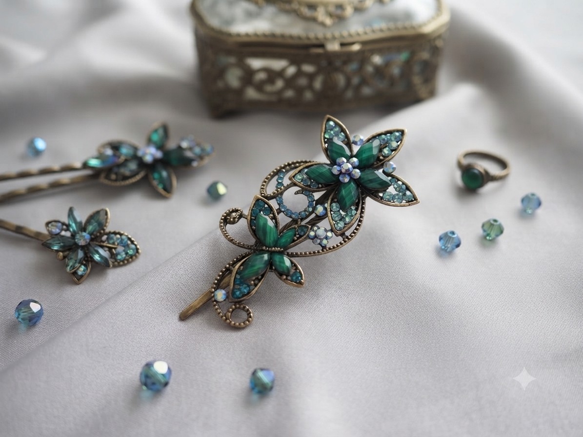 ​Vintage-Style Emerald Green & Blue Rhinestone Floral Hair Clip/Barrette