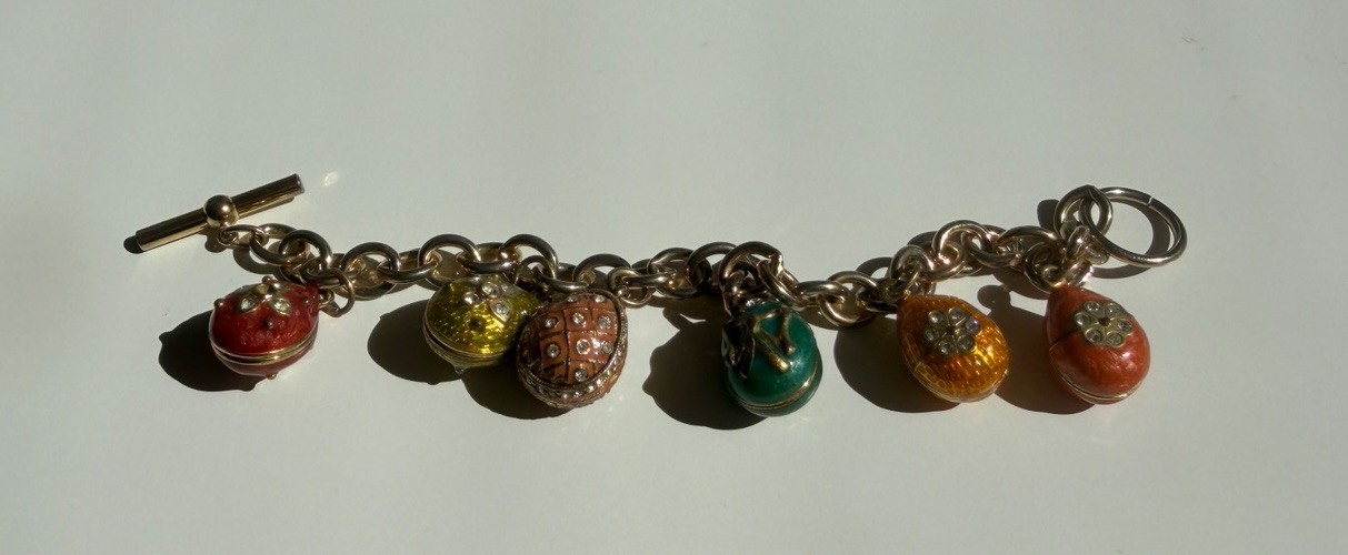 Fabergé-Inspired Egg Charm Bracelet Soft Enamel Tone Gold Tone Rhinestones AS IS