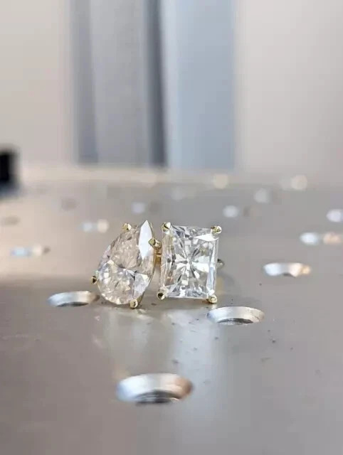 Pear & Radiant Cut Moissanite Two Stone Engagement Ring 14K Yellow Gold Plated