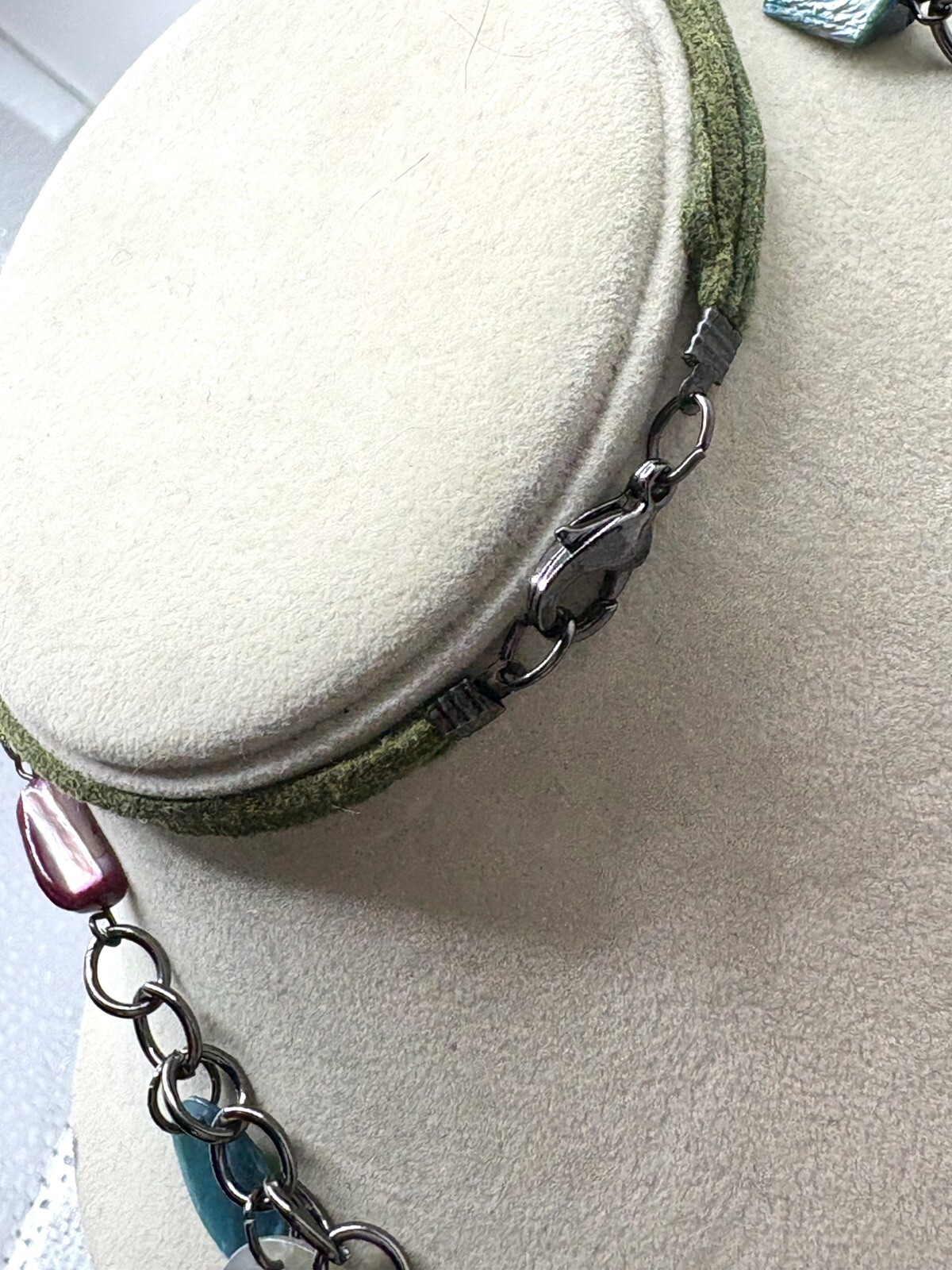 Colorful Multicolored MOP And Acrylic Beaded Necklace Gun Metal Gray & Leather