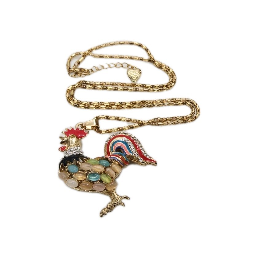 Rooster Necklace Farm Collection Multicolored Enamel Gold tone 27 in