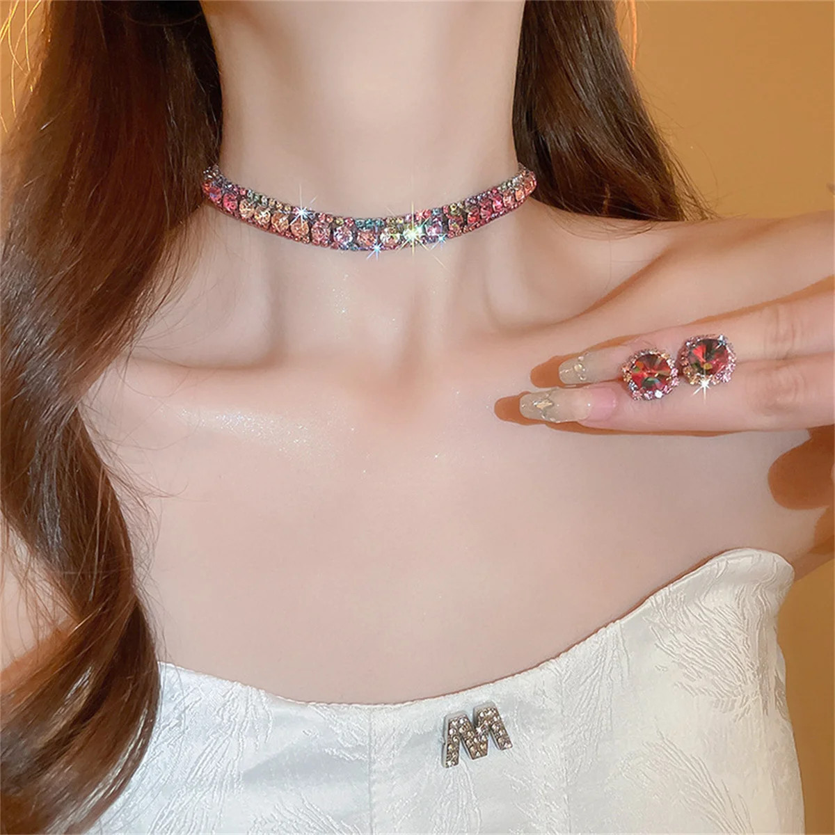 Luxury Crystal Necklace Earrings Set Pink Purple colourful Necklace