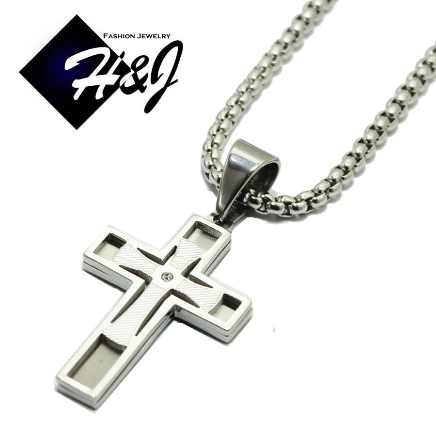 18-32″MEN Stainless Steel 3mm Silver Box Chain Cubic Zirconia Cross Pendant*W