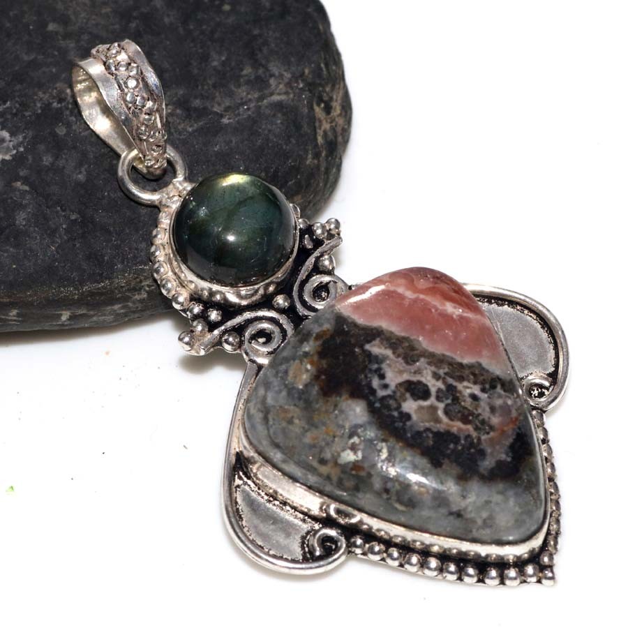 Pyrite In Rhodochrosite Fiery Labradorite 925 Silver Plated Pendant 2.4″ JW