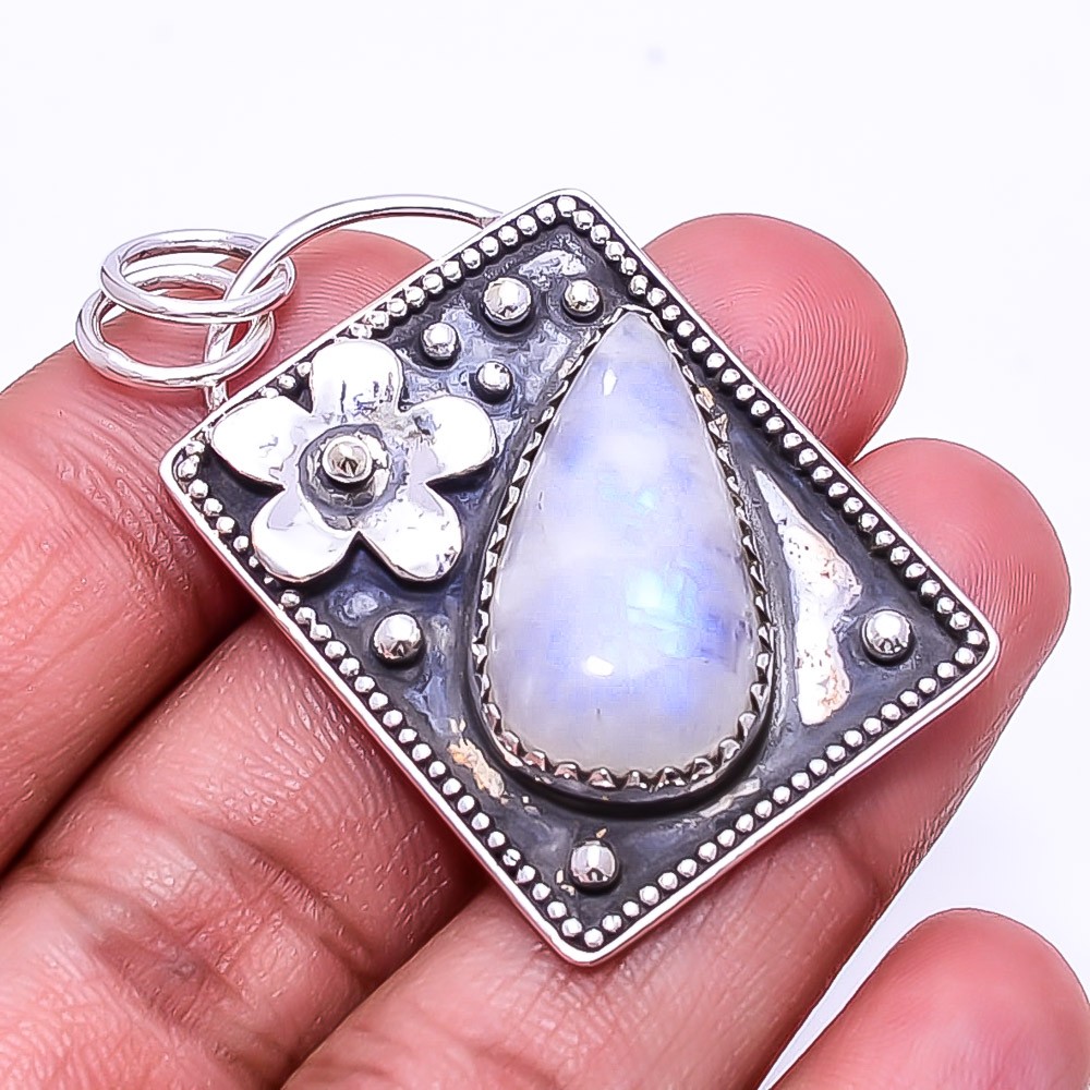 Rainbow Moonstone – India Oxidised Designer 925 Sterling Silver Pendant 1.76″P53