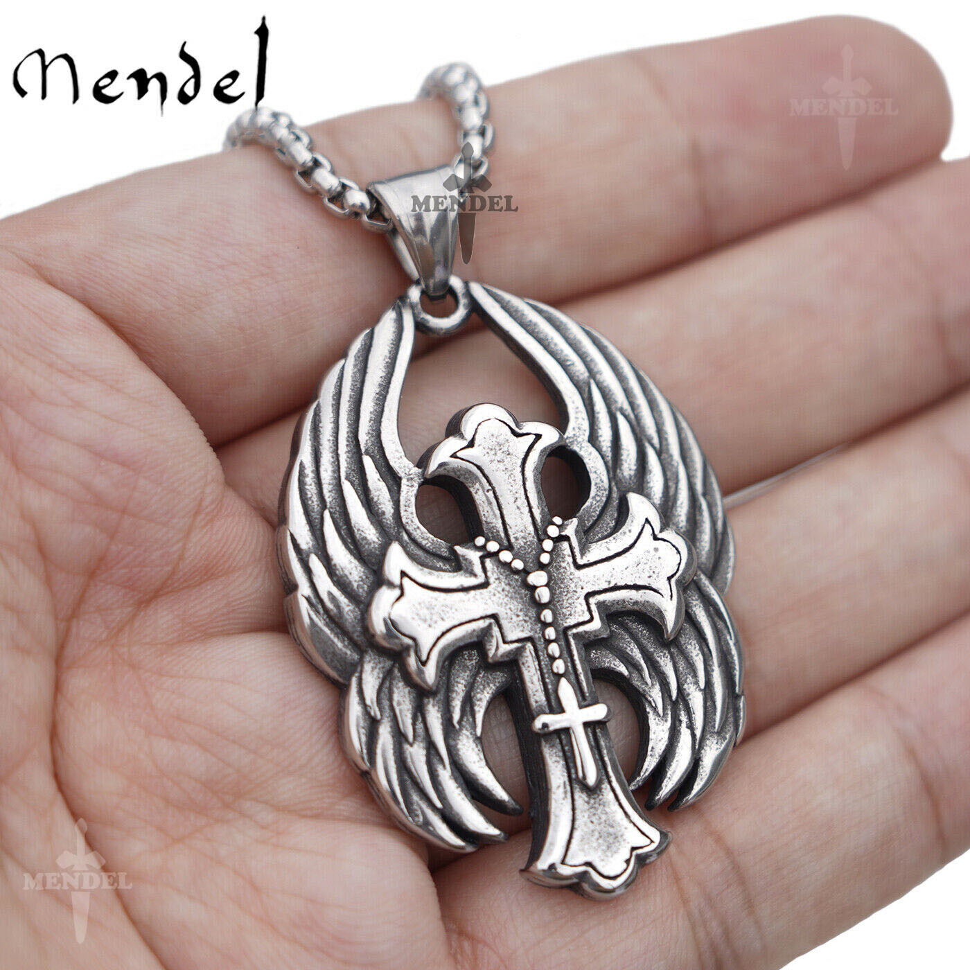 MENDEL Mens Angel Wings Biker Cross Pendant Necklace For Men Stainless Steel