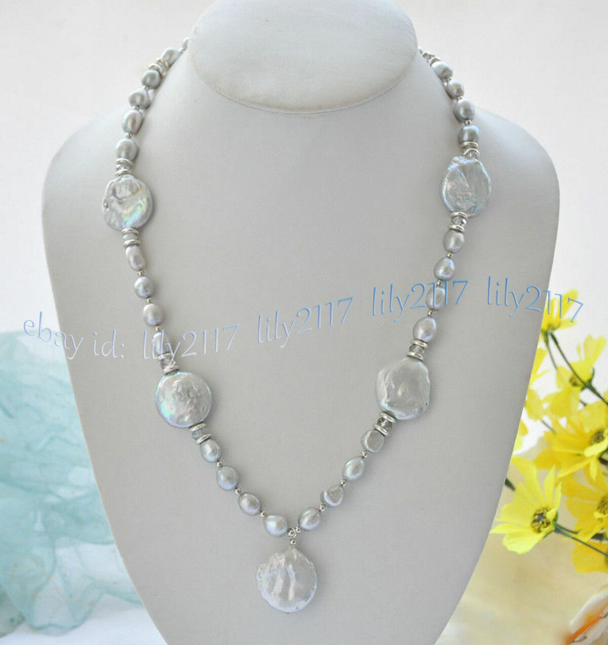 9-10mm Natural Gray Baroque Coin Freshwater Pearl Pendant Necklaces 16-28 inch