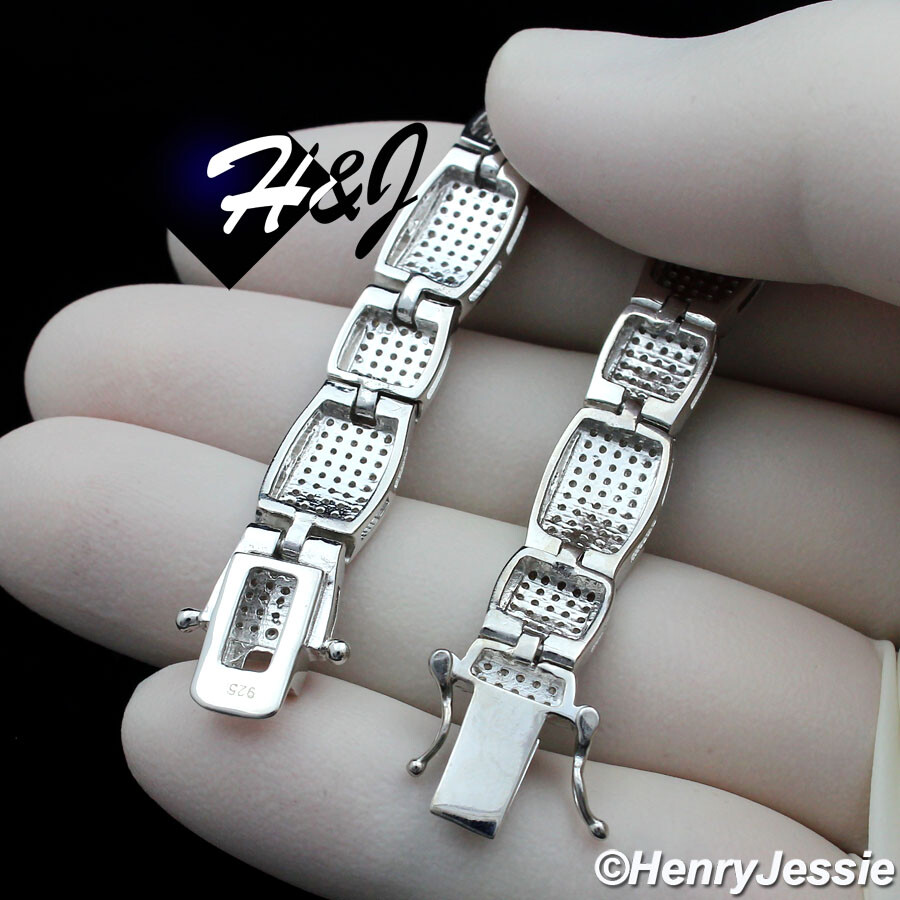8.5″MEN SOLID 925 STERLING SILVER FULL ICY BLING CZ 8MM CHAIN LINK BRACELET*SB6