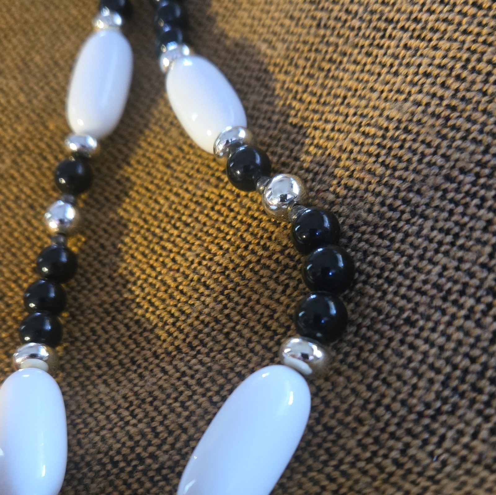 Black White Beaded Necklace Gold Plated Ball Chain Spring Ring Clasp No Stone