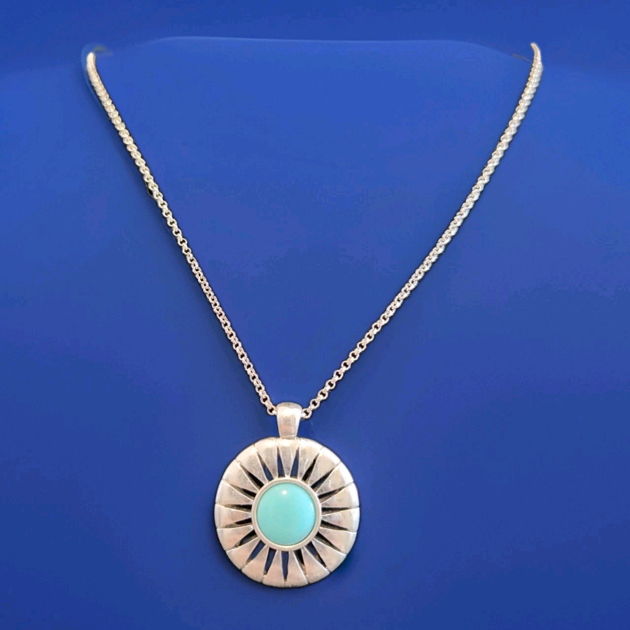 Lucky Brand Silver Tone Light Blue Stone Starburst Pendant Long Necklace 26″