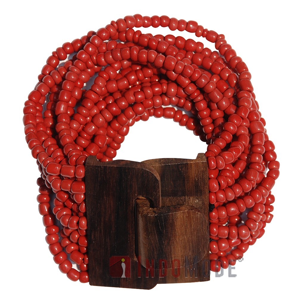 Red BALI Bracelet with Hardwood Buckle Clasp 14-Strand Elastic Glass Bead